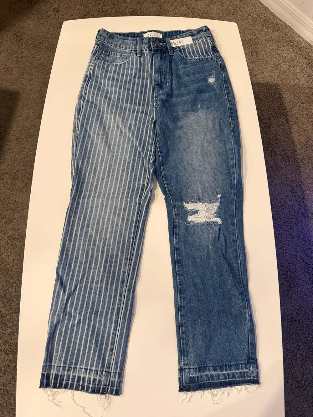 nature denim Two-Tone Striped and Distressed Straight Leg Jeans